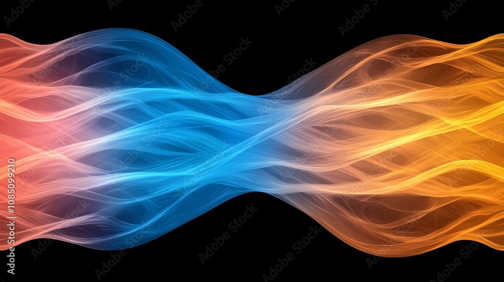 Fototapeta premium Technological exposure. A vibrant, abstract representation of waves in blue and orange tones, symbolizing energy and motion against a dark background.