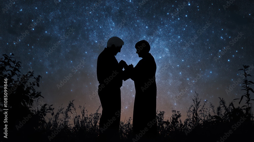 A romantic silhouette of a couple under a starry night sky. A romantic silhouette of a couple under a starry night sky.