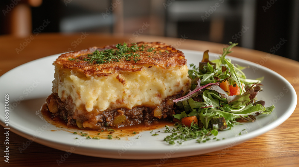 Seasonal menu: Shepherd's pie served on a white plate with a small side salad, cozy kitchen background Seasonal menu: Shepherd's pie served on a white plate with a small side salad, cozy kitchen background