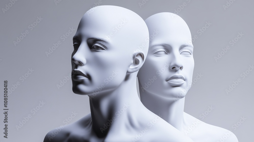Two white mannequin heads in a minimalist design. Two white mannequin heads in a minimalist design.