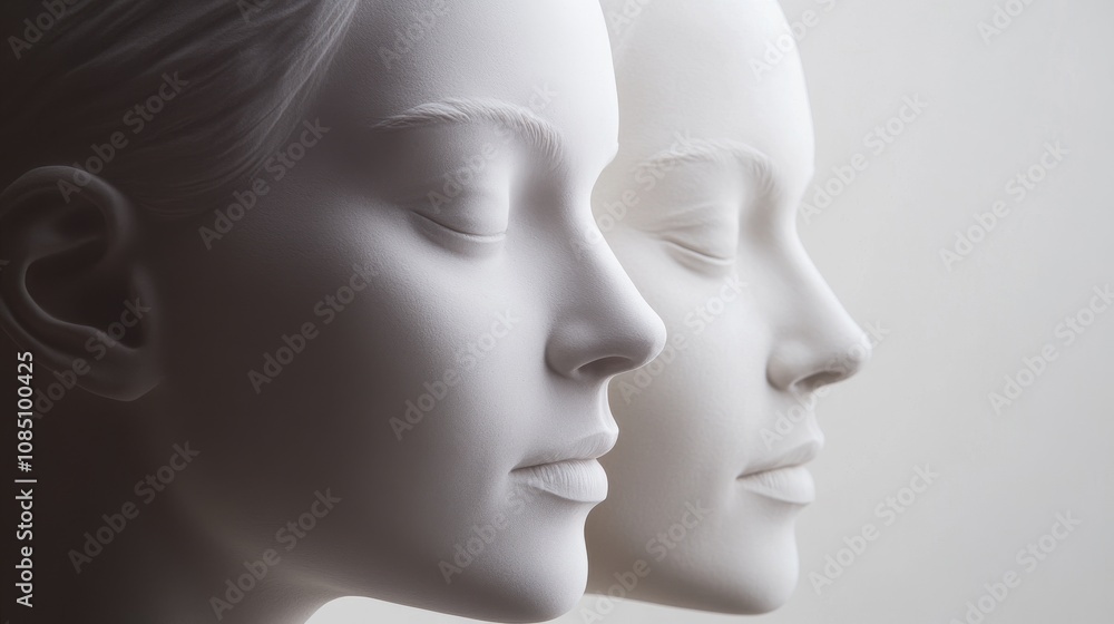 Two white mannequins in serene profile view. Two white mannequins in serene profile view.