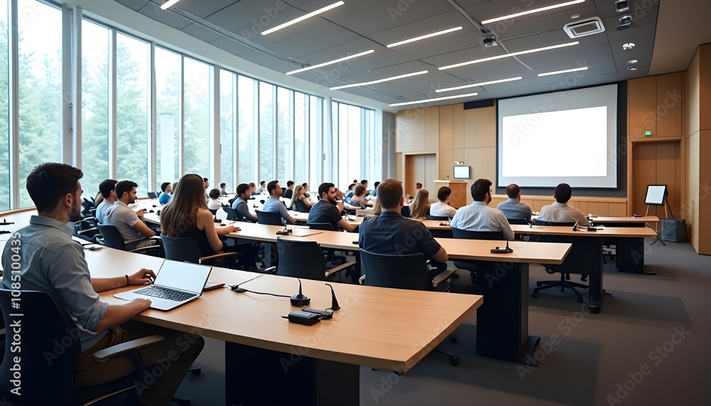 A modern lecture hall with a spacious layout, featuring curved seating designed to ensure a clear view of a large projection screen at the front. A modern lecture hall with a spacious layout, featuring curved seating designed to ensure a clear view of a large projection screen at the front.