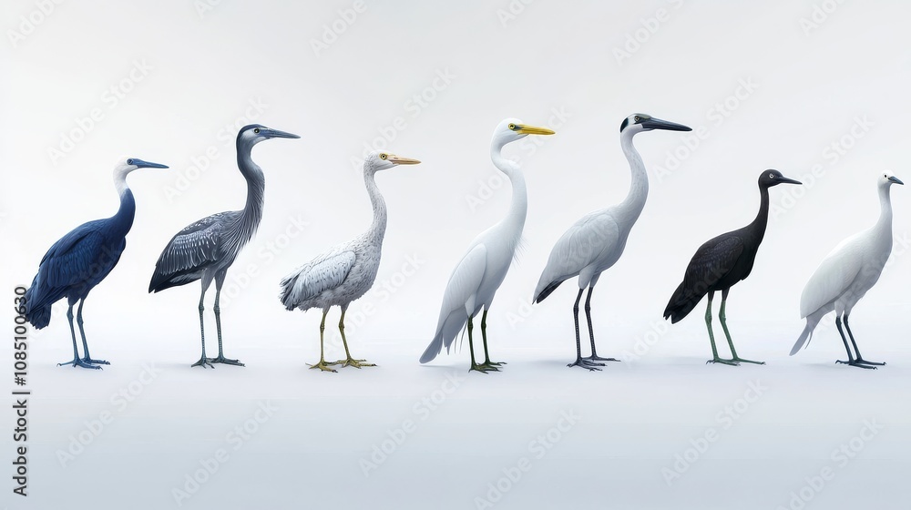 Obraz premium Various species of elegant herons displayed.