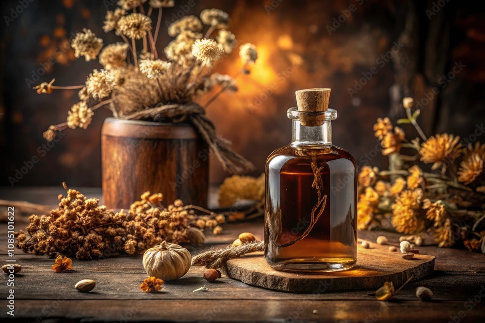 Dark Amber Glass Bottle with Cork Lid Surrounded by Dried Flowers in a Rustic Setting Dark Amber Glass Bottle with Cork Lid Surrounded by Dried Flowers in a Rustic Setting