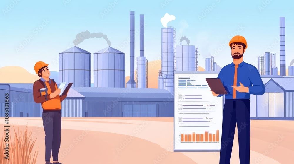 Workers analyzing data in industrial setting. Workers analyzing data in industrial setting.