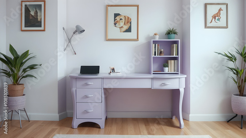 Pastel purple curved desk with drawers and small bookshelf, giving it a bright feel and is suitable for use in a private office.