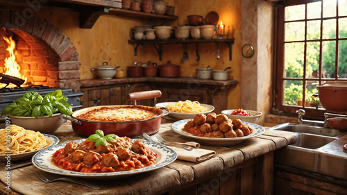 Italian Grandmothers Cooking Traditional Pasta in Rustic Kitchen