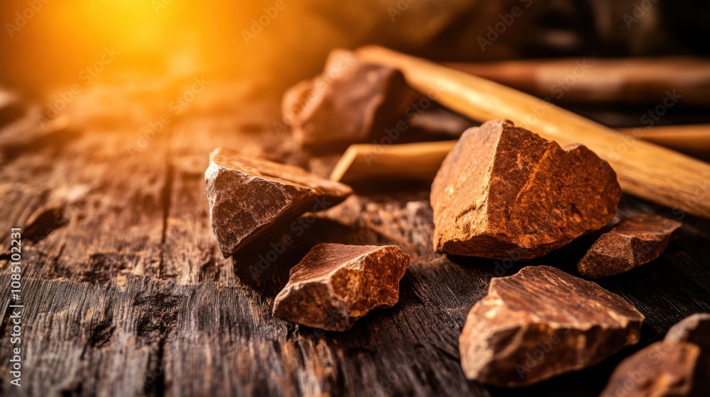 Close-up of ancient stone tools, sharp flint knives, and polished axes on a weathered wooden surface, symbolizing prehistoric craftsmanship and the dawn of human ingenuity. Close-up of ancient stone tools, sharp flint knives, and polished axes on a weathered wooden surface, symbolizing prehistoric craftsmanship and the dawn of human ingenuity.