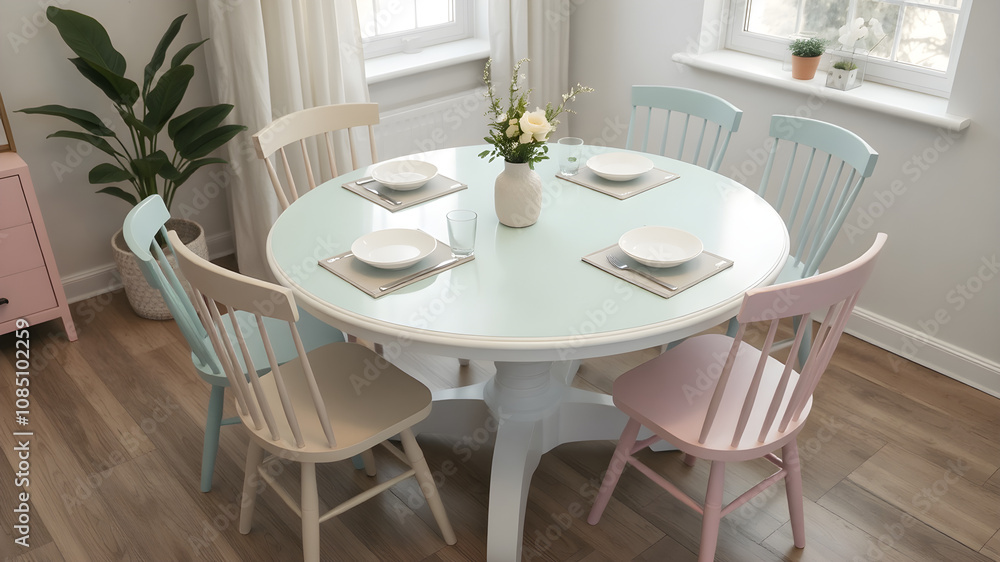 Round mint green pastel dining table with white edges and colorful pastel chairs around the table looks cute and stylish Scandinavian. Round mint green pastel dining table with white edges and colorful pastel chairs around the table looks cute and stylish Scandinavian.