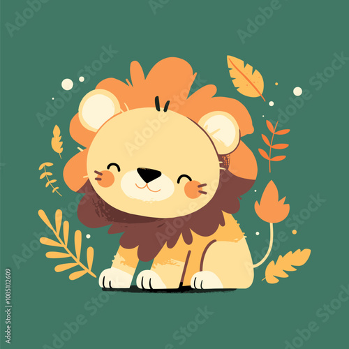 Lion Vector Illustration. Adorable Cartoon Lion with Leaves on Green Background