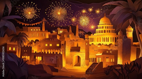 An intricate paper cut of a historic city with ancient buildings lit by fireworks and festive lights, showcasing a blend of traditional and modern paper art techniques.