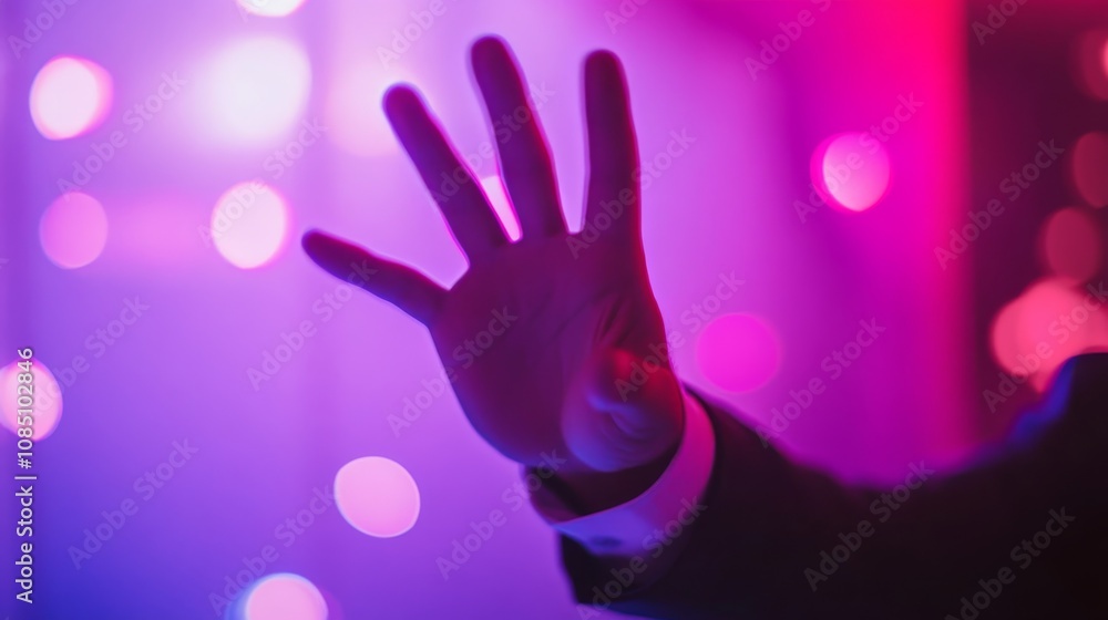 A hand raised against colorful lights. A hand raised against colorful lights.