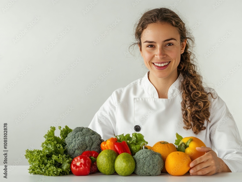 A smiling chef with fresh vegetables and fruits, promoting healthy eating. A smiling chef with fresh vegetables and fruits, promoting healthy eating.