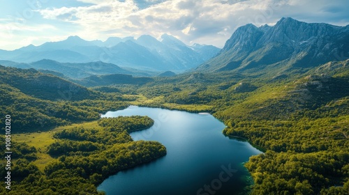 A drone captures a vast national park with mountains, lakes and forests stretching as far as the eye can see. A view from the sky that gives a sense of grandeur and serenity. photo