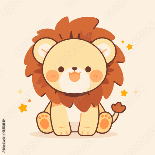 Lion Vector Illustration. Adorable Cartoon Lion with Stars in a Soft Pastel Palette