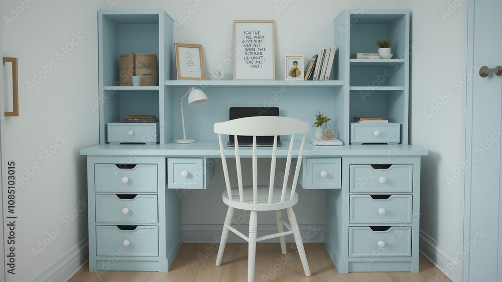 Fototapeta premium A pastel blue writing desk with a white chair, built-in drawers and shelves, simple and suitable for a small work corner.