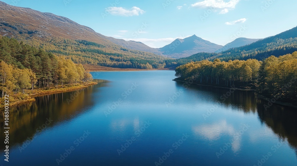 A drone shot of a lake in a valley, showing the clear water reflecting the mountains and bright blue sky, with the forest surrounding the lake beautifully. A drone shot of a lake in a valley, showing the clear water reflecting the mountains and bright blue sky, with the forest surrounding the lake beautifully.