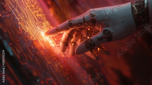 Human and robot fingers nearly touching, with soft, radiant light between them, against a backdrop of digital circuitry and futuristic patterns, representing the integration of technology and