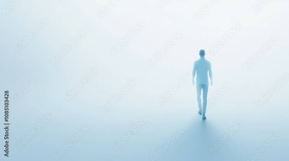 A person walking in a serene, foggy environment. A person walking in a serene, foggy environment.