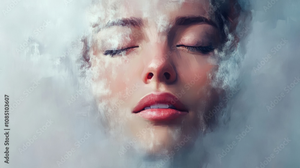 A serene face emerging from soft clouds. A serene face emerging from soft clouds.