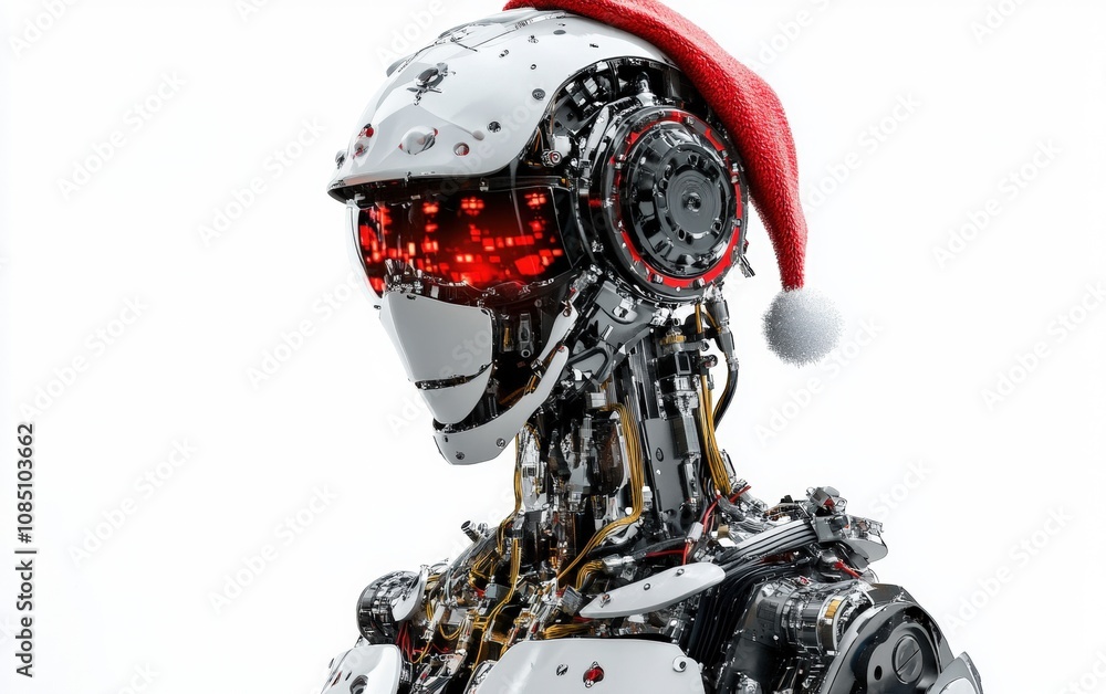 Christmas Robot with Santa Hat: A cheerful robot wearing a Santa hat, holding a wrapped Christmas gift, on a white background Christmas Robot with Santa Hat: A cheerful robot wearing a Santa hat, holding a wrapped Christmas gift, on a white background