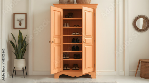 This pastel orange shoe cabinet features folding doors and multiple shelves  perfect for an entryway that wants a simple and bright look.
