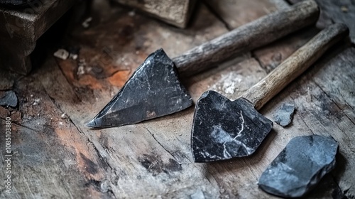 Close-up of ancient stone tools, sharp flint knives, and polished axes on a weathered wooden surface, symbolizing prehistoric craftsmanship and the dawn of human ingenuity. photo