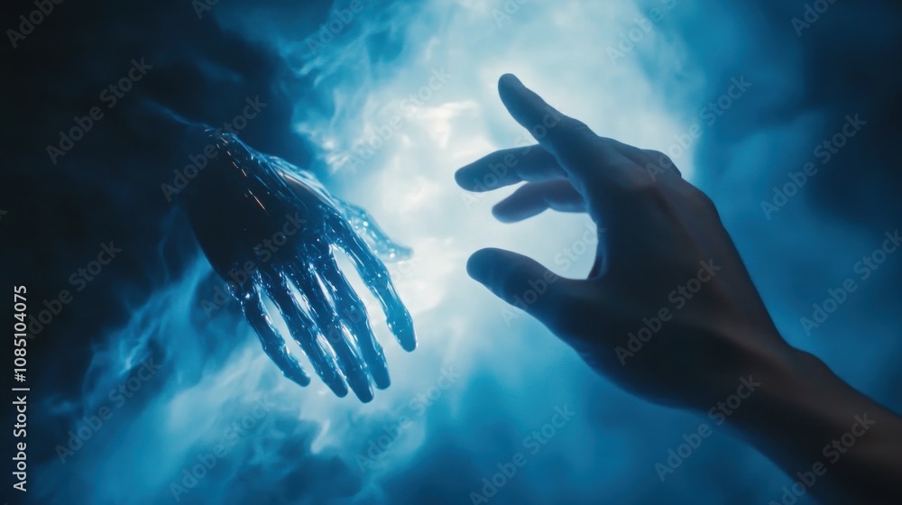 A human hand reaching out to touch a robotic metallic finger, with soft blue and white lighting creating an ethereal atmosphere, symbolizing collaboration between humanity and artificial intelligence A human hand reaching out to touch a robotic metallic finger, with soft blue and white lighting creating an ethereal atmosphere, symbolizing collaboration between humanity and artificial intelligence
