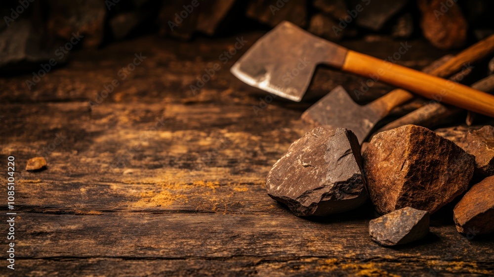 Φωτογραφία Close-up of ancient stone tools, sharp flint knives, and polished axes on a weathered wooden surface, symbolizing prehistoric craftsmanship and the dawn of human ingenuity