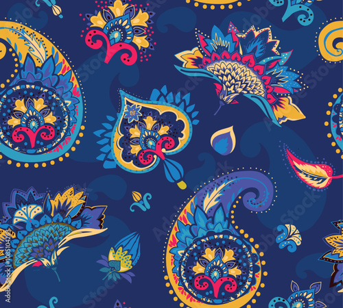 Paisley. Seamless Textile floral pattern with oriental paisley ornament.	