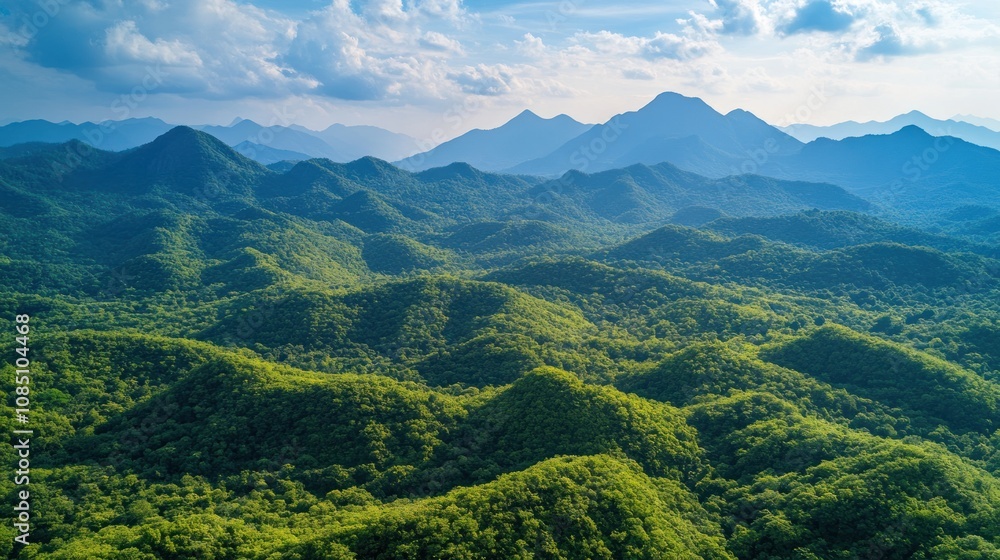 Obraz premium Aerial drone shot of a lush green forested mountain landscape. The drone captures the blue sky and the beautiful mountain peaks.
