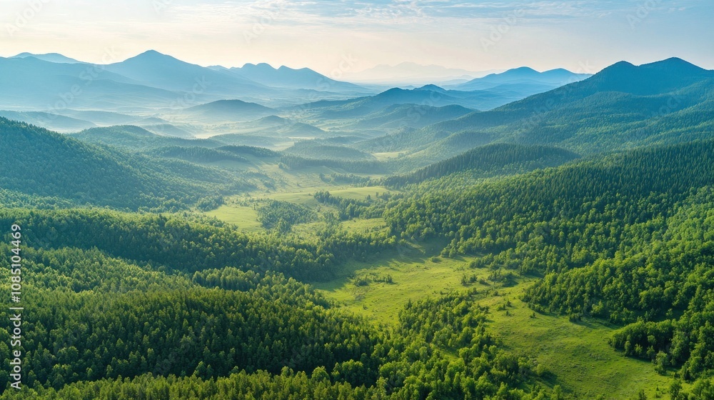 Aerial drone shot of a lush green forested mountain landscape. The drone captures the blue sky and the beautiful mountain peaks. Aerial drone shot of a lush green forested mountain landscape. The drone captures the blue sky and the beautiful mountain peaks.