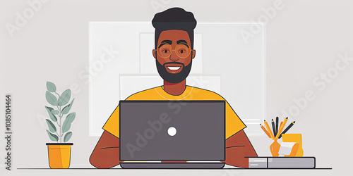 Image of a cheerful male teacher of African descent wearing glasses, a laptop at a desk, with a potted plant and stationery on the grey background. Concept of a virtual classroom session