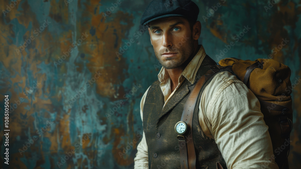 Obraz premium Renaissance-inspired artwork of a delivery man in a suede waistcoat and black cap carrying a delivery bag with a modern watch in a fusion of old and new art styles