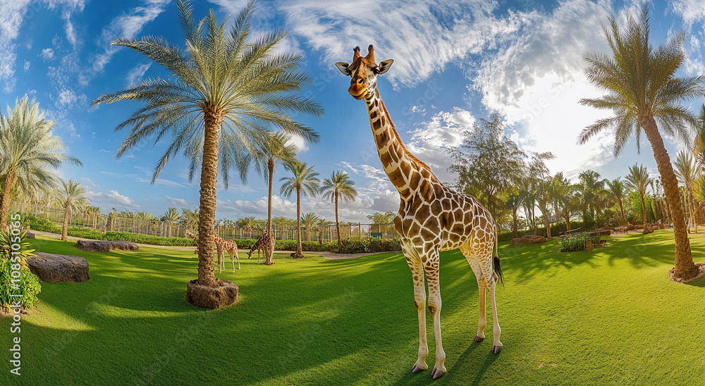 Fototapeta premium A giraffe stands majestically in a sunny zoo habitat, surrounded by vibrant green grass and tall palm trees
