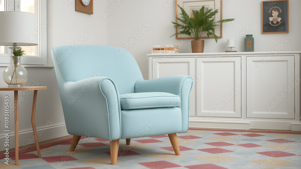 A pastel blue upholstered chair in a retro style, placed in a white living room with a colorful geometric carpet. A pastel blue upholstered chair in a retro style, placed in a white living room with a colorful geometric carpet.