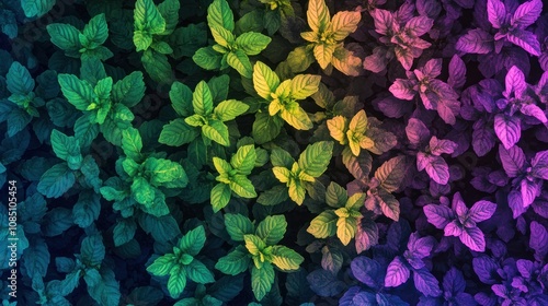 Infrared drone imagery captures agricultural systems Plant growth in a plant bed is seen as bright green against a purple and blue background that represents a cool area. photo