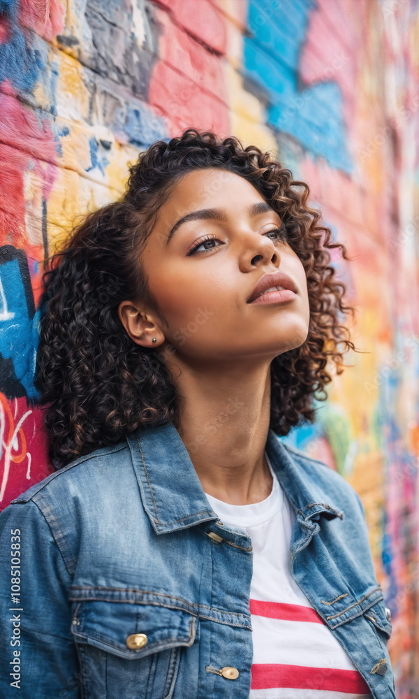 A young black woman stands confidently, gazing thoughtfully while leaning against a vibrant, graffiti-covered brick wall in an urban setting. A young black woman stands confidently, gazing thoughtfully while leaning against a vibrant, graffiti-covered brick wall in an urban setting.