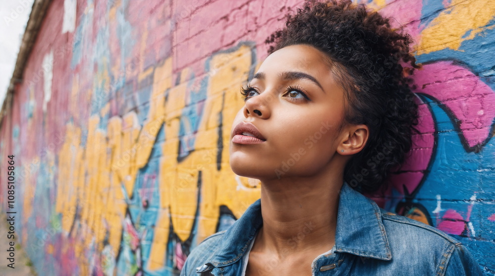Fototapeta premium A young black woman stands confidently, gazing thoughtfully while leaning against a vibrant, graffiti-covered brick wall in an urban setting.