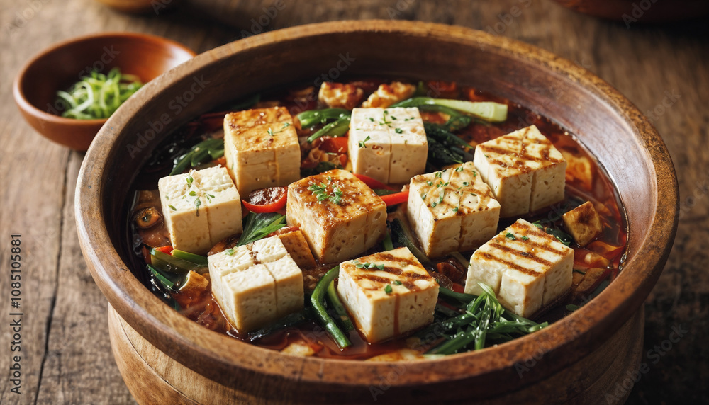 A warm bowl of soba noodle soup featuring tender tofu, fresh green onions, and a clear broth served in a classic ceramic dish. A warm bowl of soba noodle soup featuring tender tofu, fresh green onions, and a clear broth served in a classic ceramic dish.