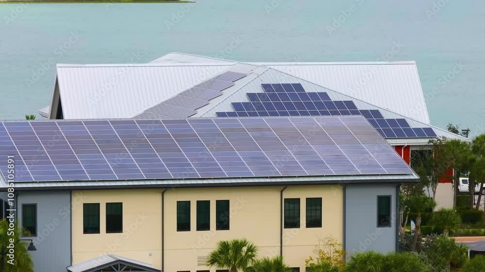Solar rooftops on commercial center in Florida. Photovoltaic panels for producing of clean ecological electrical energy in city urban area. Concept of autonomous building Solar rooftops on commercial center in Florida. Photovoltaic panels for producing of clean ecological electrical energy in city urban area. Concept of autonomous building