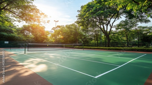 Wallpaper Mural A well-maintained badminton court in a park, Shuttlecocks and racquets in place, Sporty yet relaxed style Torontodigital.ca