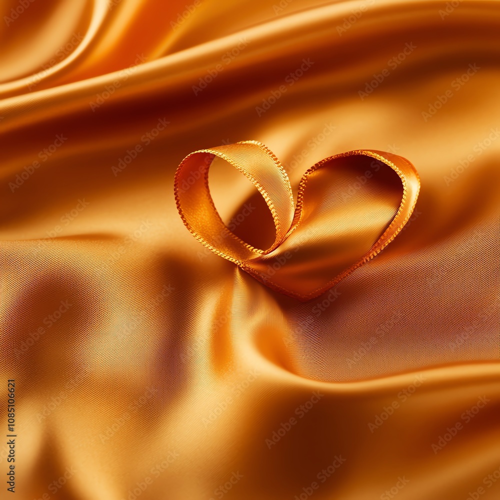 Orange satin fabric with a heart-shaped ribbon on a smooth surface. Orange satin fabric with a heart-shaped ribbon on a smooth surface.