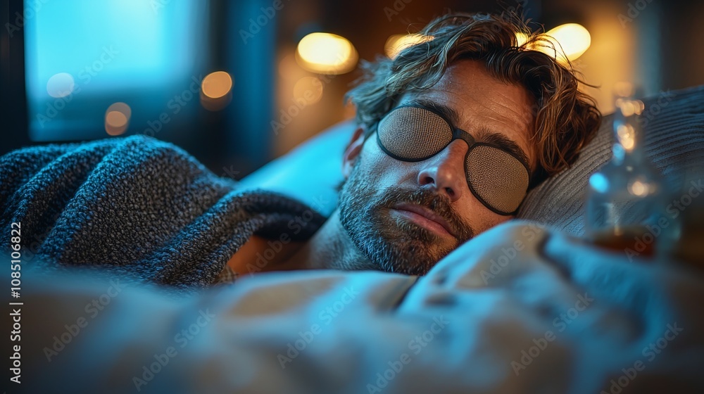 an adult man wearing an eye mask while sleeping on the couch an adult man wearing an eye mask while sleeping on the couch