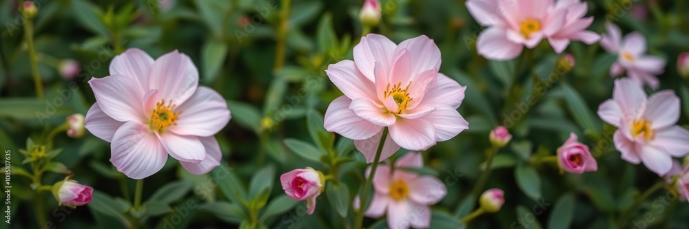Softly blooming pink flowers in a lush green garden, nature, delicate petals, hibiscus Softly blooming pink flowers in a lush green garden, nature, delicate petals, hibiscus