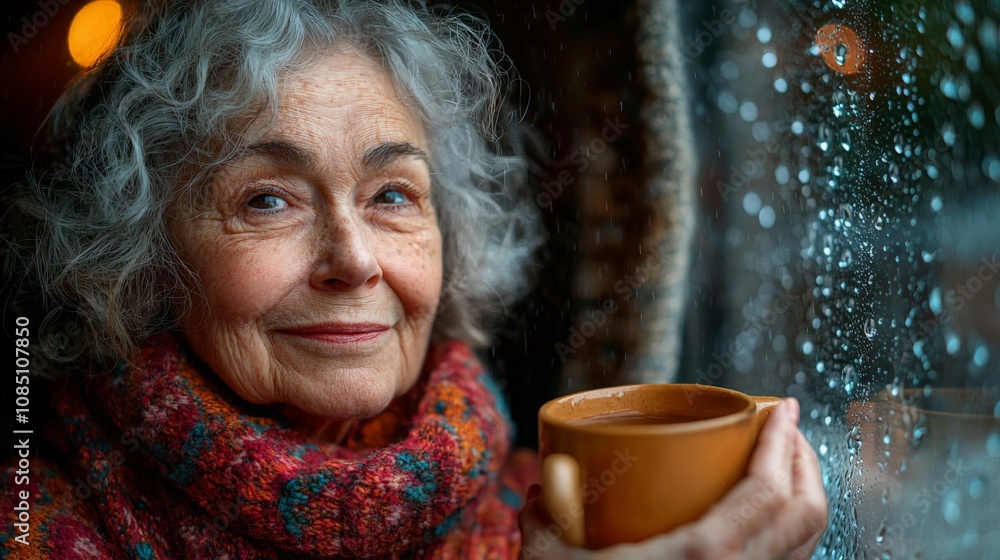 a happy senior woman sitting by the window on a rainy day drinking tea a happy senior woman sitting by the window on a rainy day drinking tea