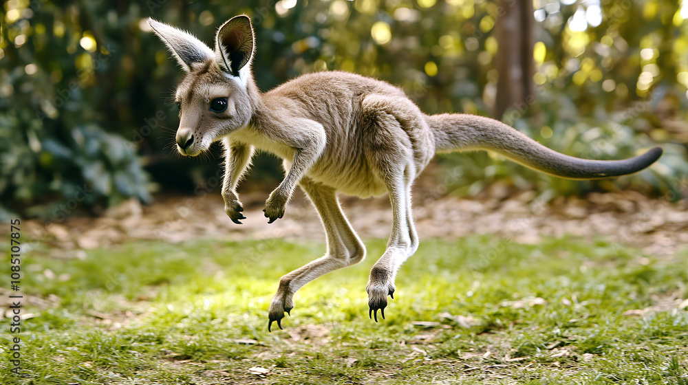 A baby kangaroo hopping in the Australian outback, practicing jumping and coordination. A baby kangaroo hopping in the Australian outback, practicing jumping and coordination.