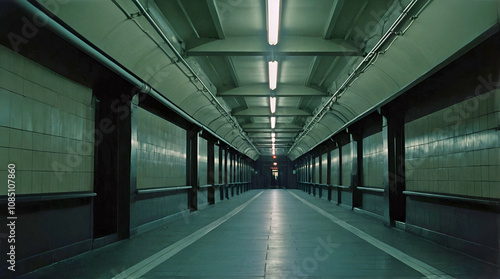 Dimly Lit Underground Corridor With Greenish Fluorescent Lights Reflecting On Tiled Walls And Floor Creating A Mysterious And Eerie Atmosphere