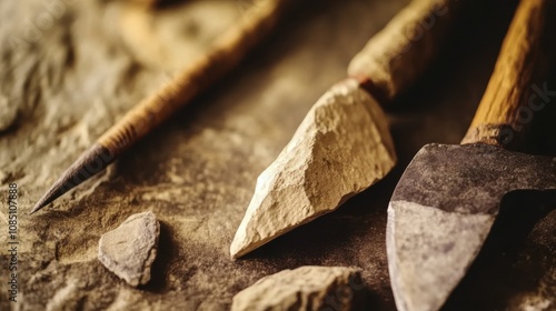 Close-up of ancient stone tools, sharp flint knives, and polished axes on a weathered wooden surface, symbolizing prehistoric craftsmanship and the dawn of human ingenuity. photo