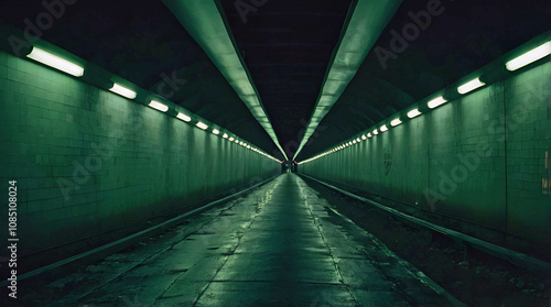 Moody Underground Tunnel With Dim Green Lighting And Wet Reflective Floor Leading To A Dark Vanishing Point Creating Depth And Mystery